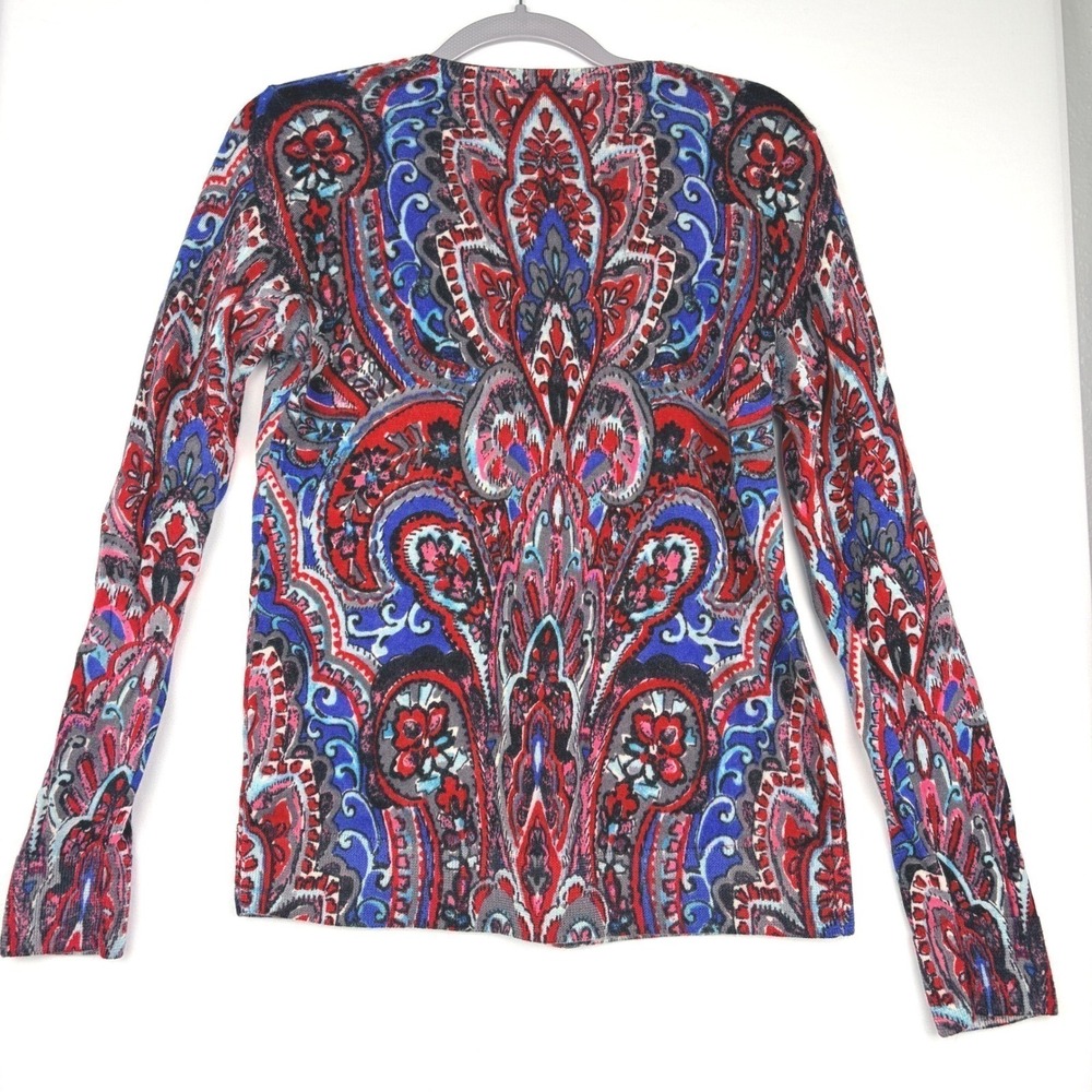 Talbots Cardigan Size M Blue Red Paisley Merino Wool Button Front Sweater - Picture 3 of 9